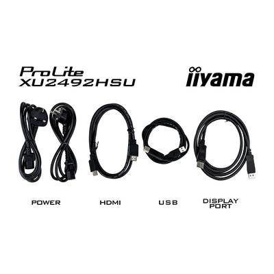 Vier Kabel sind nebeneinander abgebildet, mit Beschriftungen: 'POWER', 'HDMI', 'USB', und 'DISPLAY PORT'. Oben links steht 'ProLite XU2492HSU', oben rechts 'iiyama'.