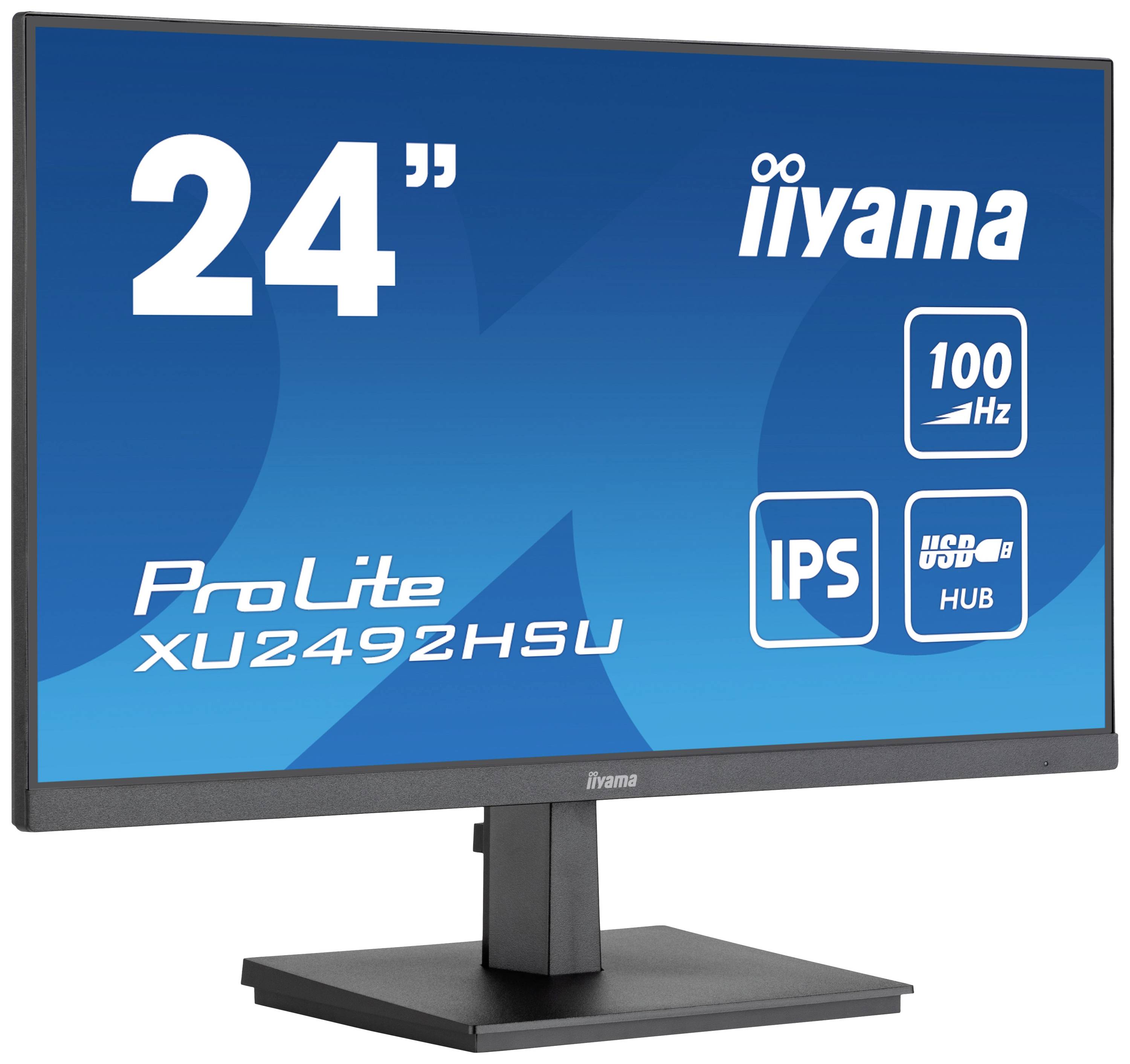 Ein 24-Zoll-Monitor von iiyama, Modell ProLite XU2492HSU, zeigt Symbole für 100 Hz Bildwiederholrate, IPS-Panel und USB-Hub.