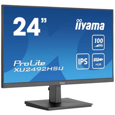 Ein 24-Zoll-Monitor von iiyama, Modell ProLite XU2492HSU, zeigt Symbole für 100 Hz Bildwiederholrate, IPS-Panel und USB-Hub.