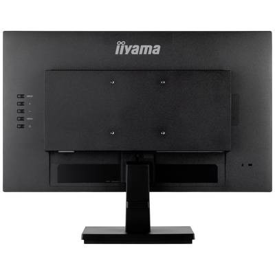 Rückansicht eines schwarzen Computermonitors der Marke Iiyama, ohne sichtbare Kabel oder Anschlüsse, auf einem schwarzen Ständer.