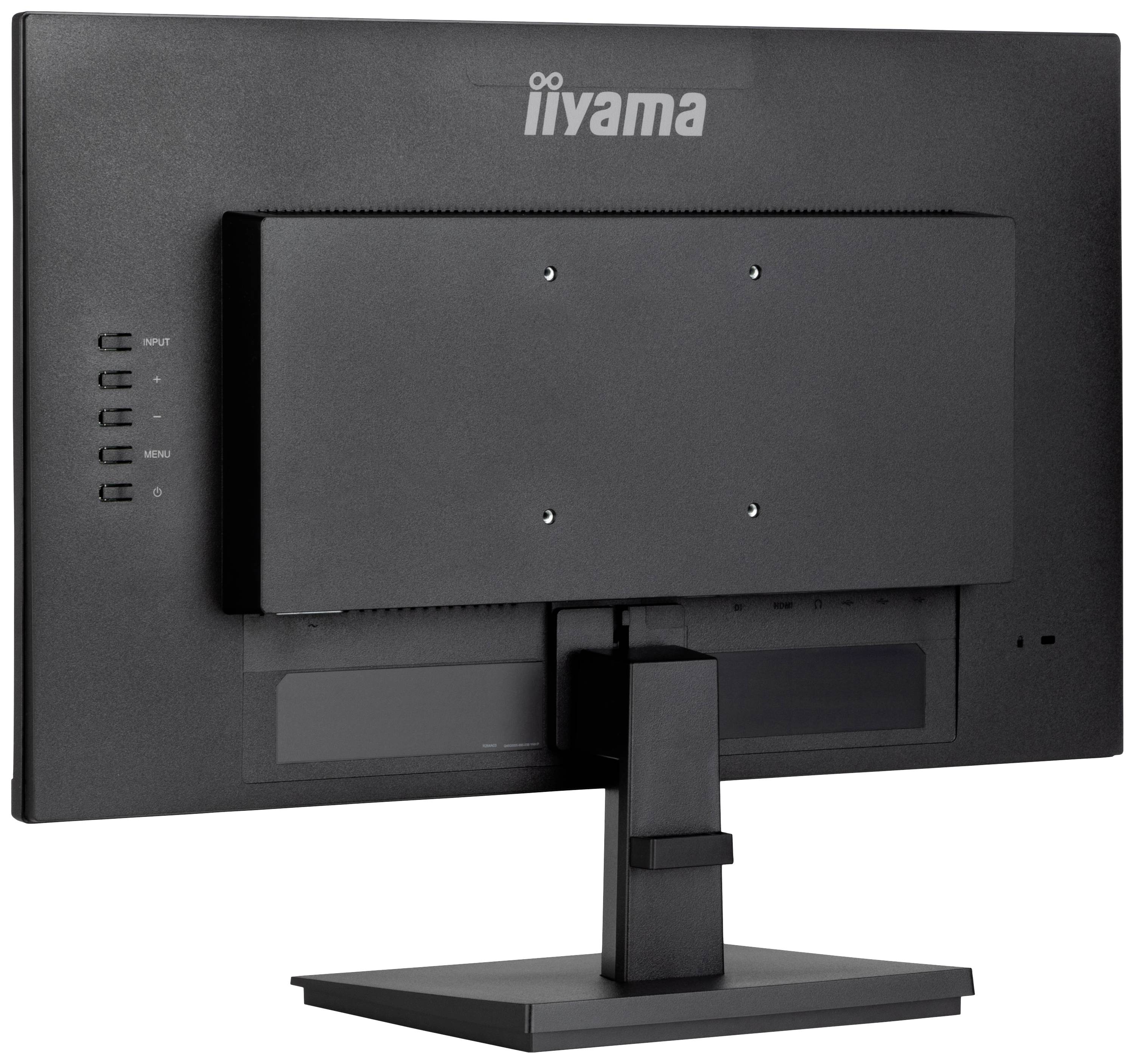 'Ein schwarzer iiyama Monitor, Rückansicht, zeigt die Halterung und Eingangstasten. Der Standfuß ist unten sichtbar.'