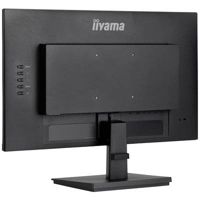'Ein schwarzer iiyama Monitor, Rückansicht, zeigt die Halterung und Eingangstasten. Der Standfuß ist unten sichtbar.'