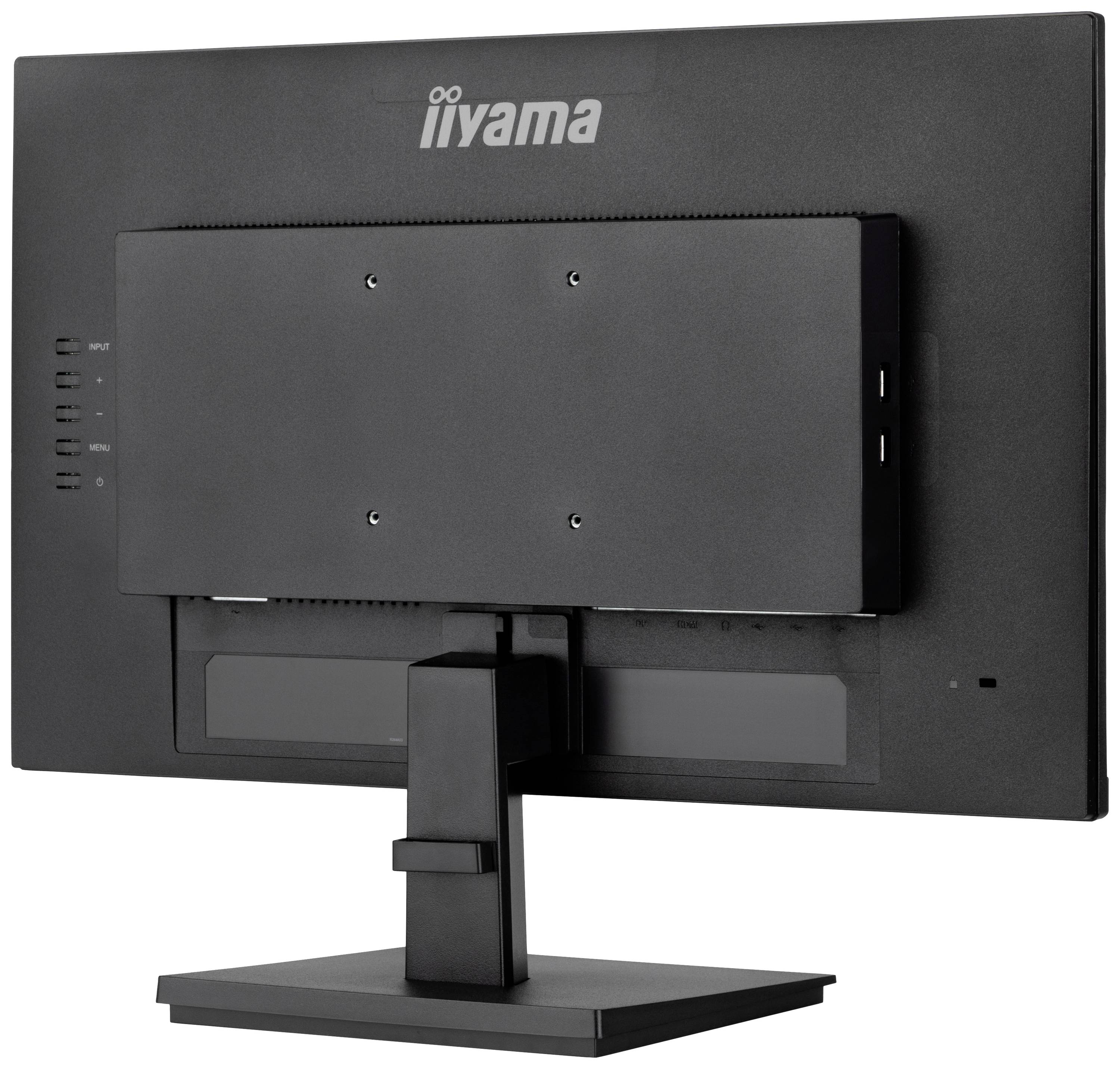 Rückansicht eines schwarzen Computermonitors auf einem verstellbaren Standfuß. Keine sichtbaren Bildschirmelemente.