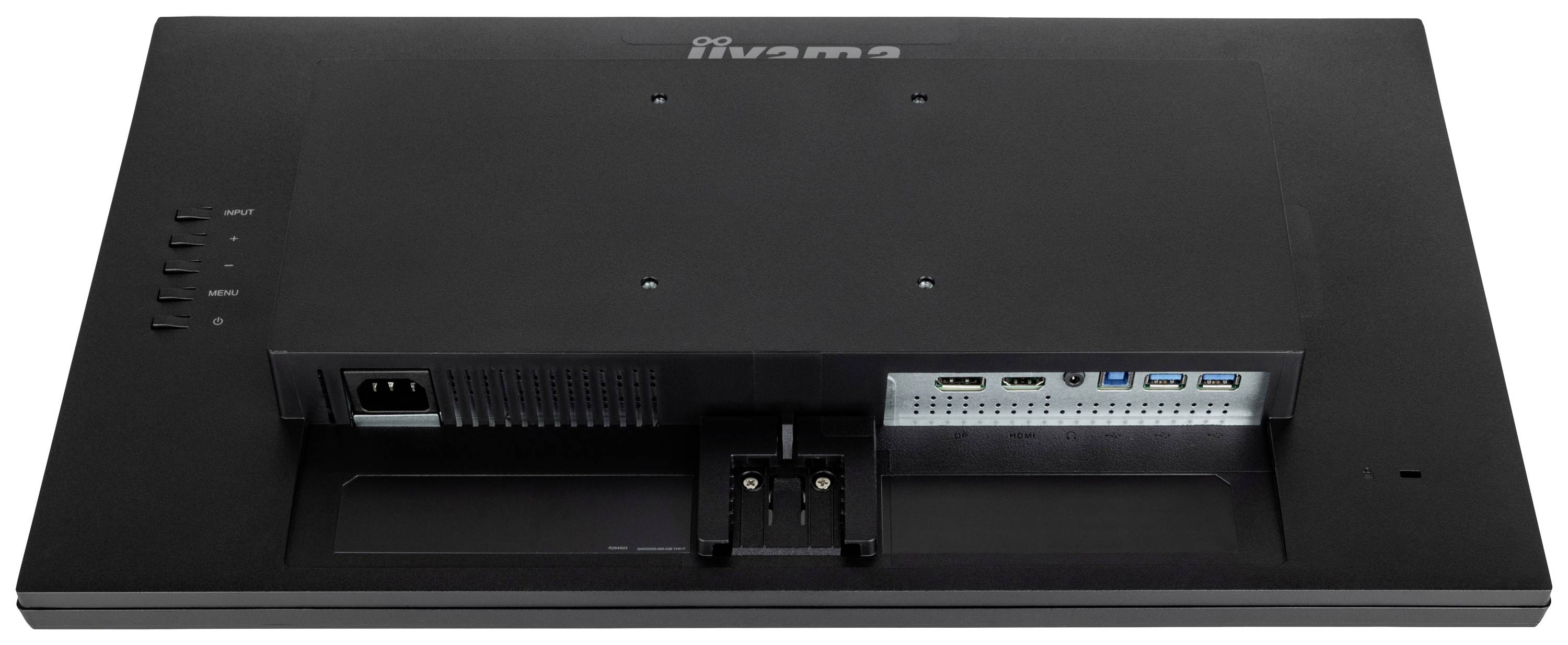 Der Monitor von hinten zeigt Anschlüsse wie HDMI, DisplayPort und USB sowie die Stromversorgung.