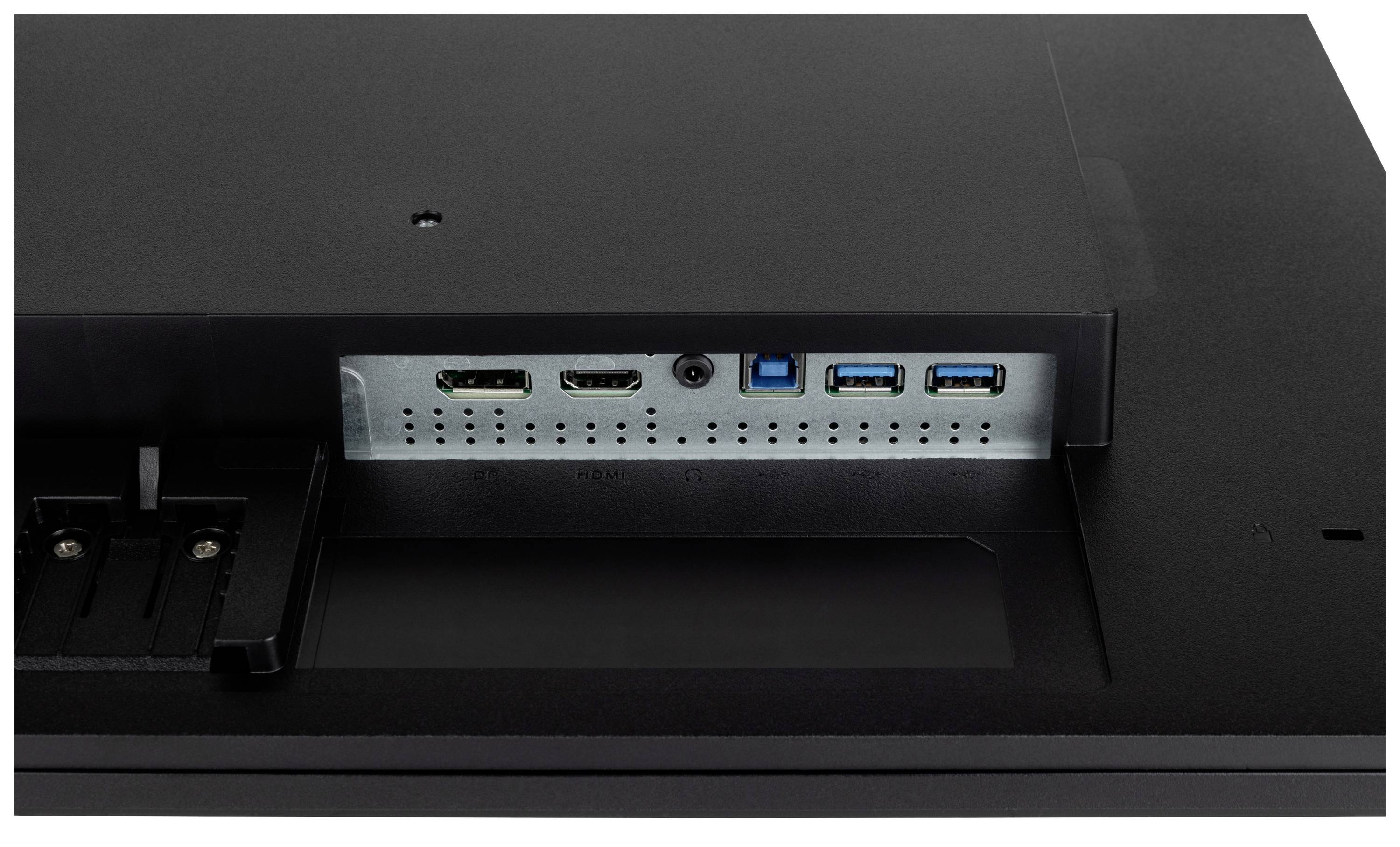 'Rückseite eines Monitors mit Anschlüssen: zwei HDMI-Ports, ein DisplayPort, ein USB 3.0-Anschluss und zwei USB 3.0-Ports.'
