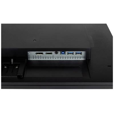 'Rückseite eines Monitors mit Anschlüssen: zwei HDMI-Ports, ein DisplayPort, ein USB 3.0-Anschluss und zwei USB 3.0-Ports.'