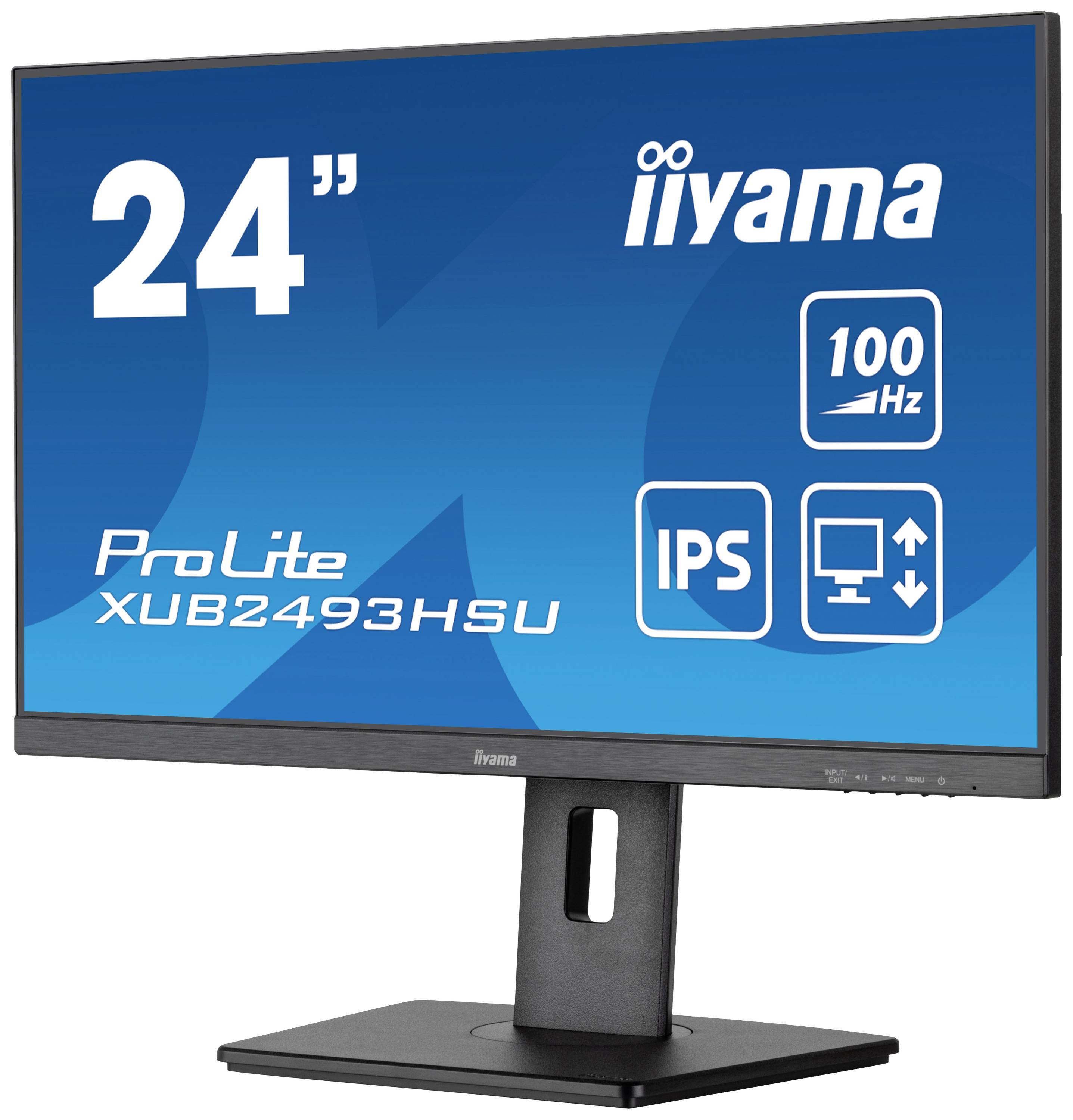 Ein schwarzer 24-Zoll-Monitor von iiyama mit ProLite-Technologie, 100 Hz und IPS-Display.