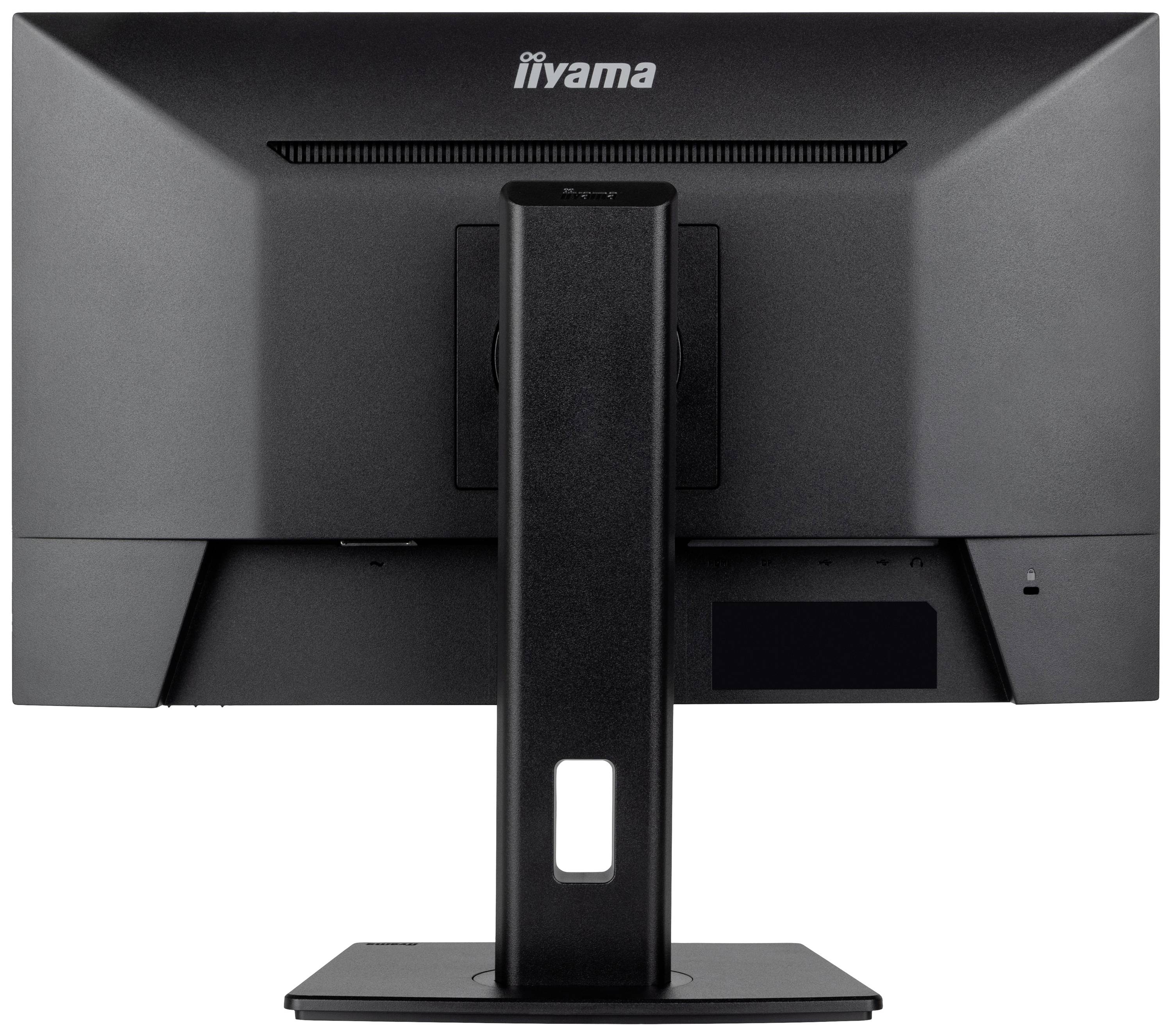 Ein schwarzer Computermonitor von hinten mit dem Markennamen 'iiyama' oben. Der Standfuß ist robust und zentral befestigt.