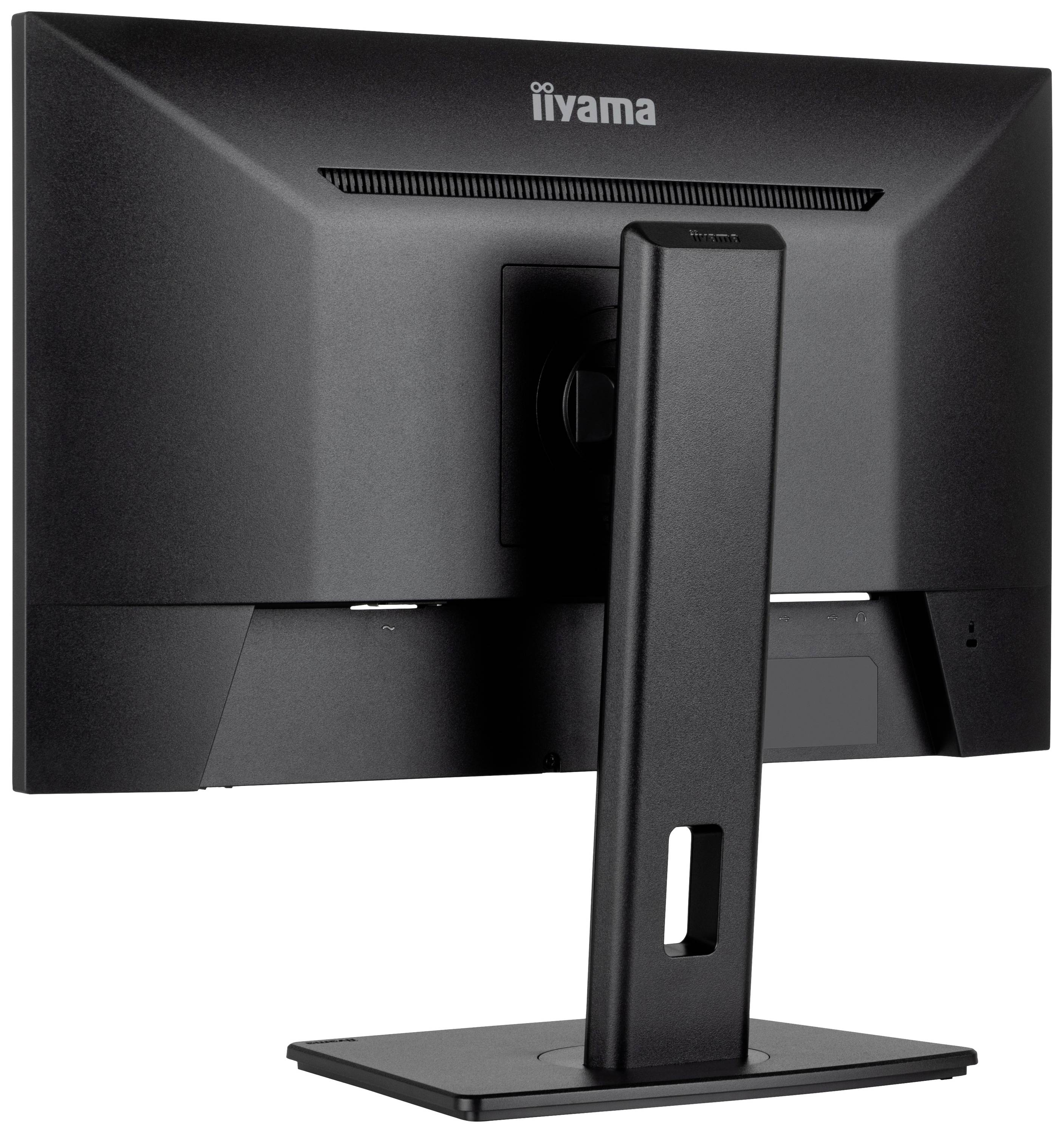 Rückansicht eines schwarzen Computermonitors auf einem Standfuß, markiert mit 'Iiyama'.