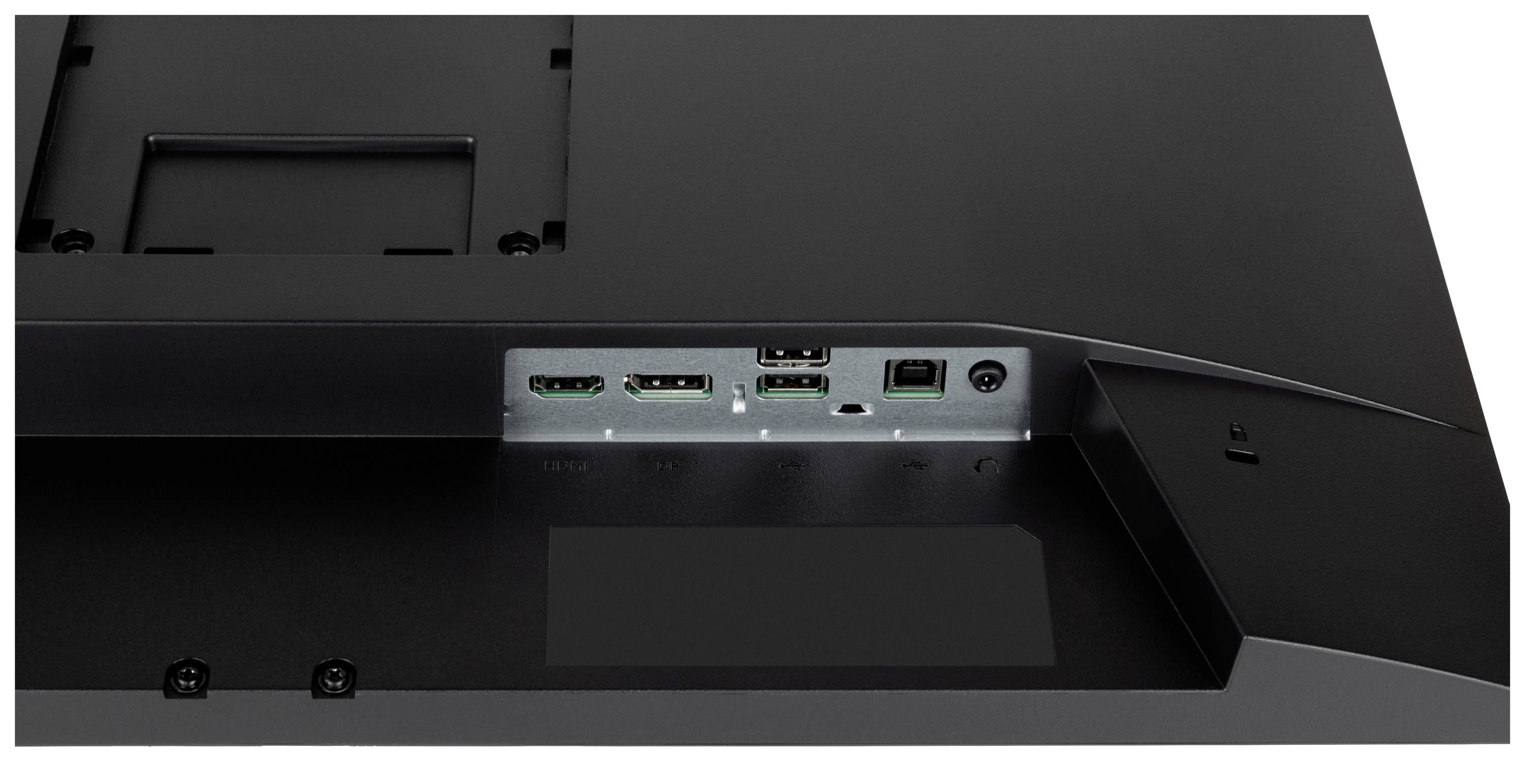 Rückseite eines Monitors mit verschiedenen Anschlüssen, einschließlich HDMI und USB.
