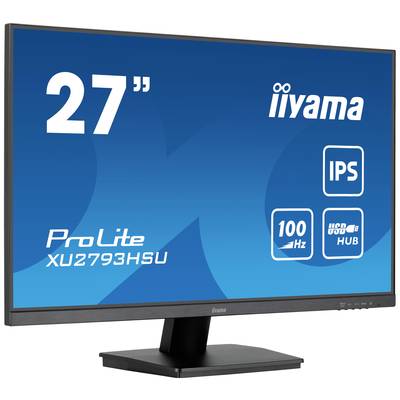 Ein 27-Zoll-Computerbildschirm der Marke iiyama mit Modellname 'ProLite XU2793HSU', unterstützt IPS-Technologie, 100 Hz und hat einen USB-Hub.