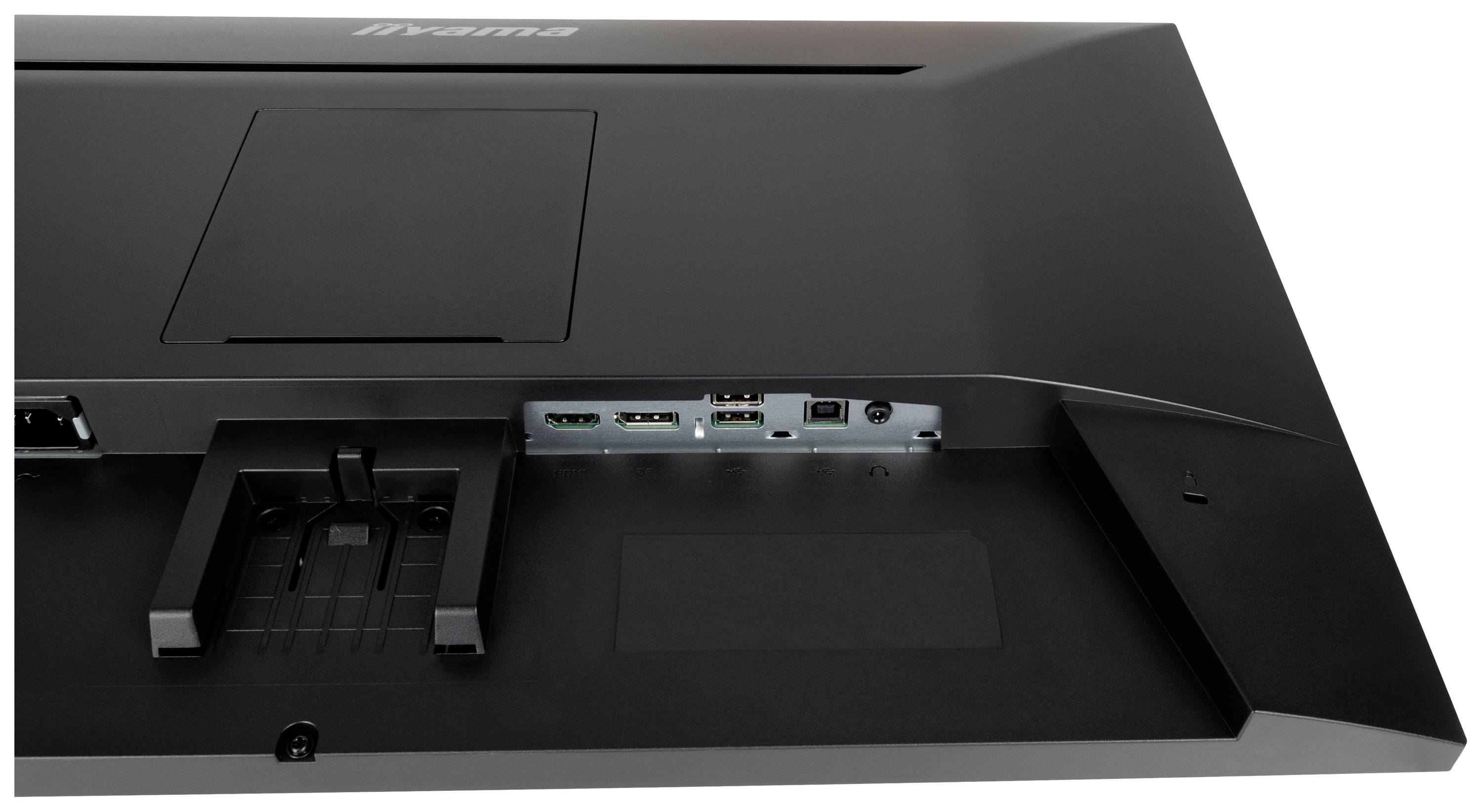 Rückseite eines Monitors mit sichtbaren Anschlüssen: HDMI, DisplayPort, USB und Kopfhöreranschluss. Oben ist ein Standfußhalter erkennbar.