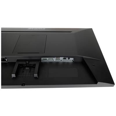 Rückseite eines Monitors mit sichtbaren Anschlüssen: HDMI, DisplayPort, USB und Kopfhöreranschluss. Oben ist ein Standfußhalter erkennbar.