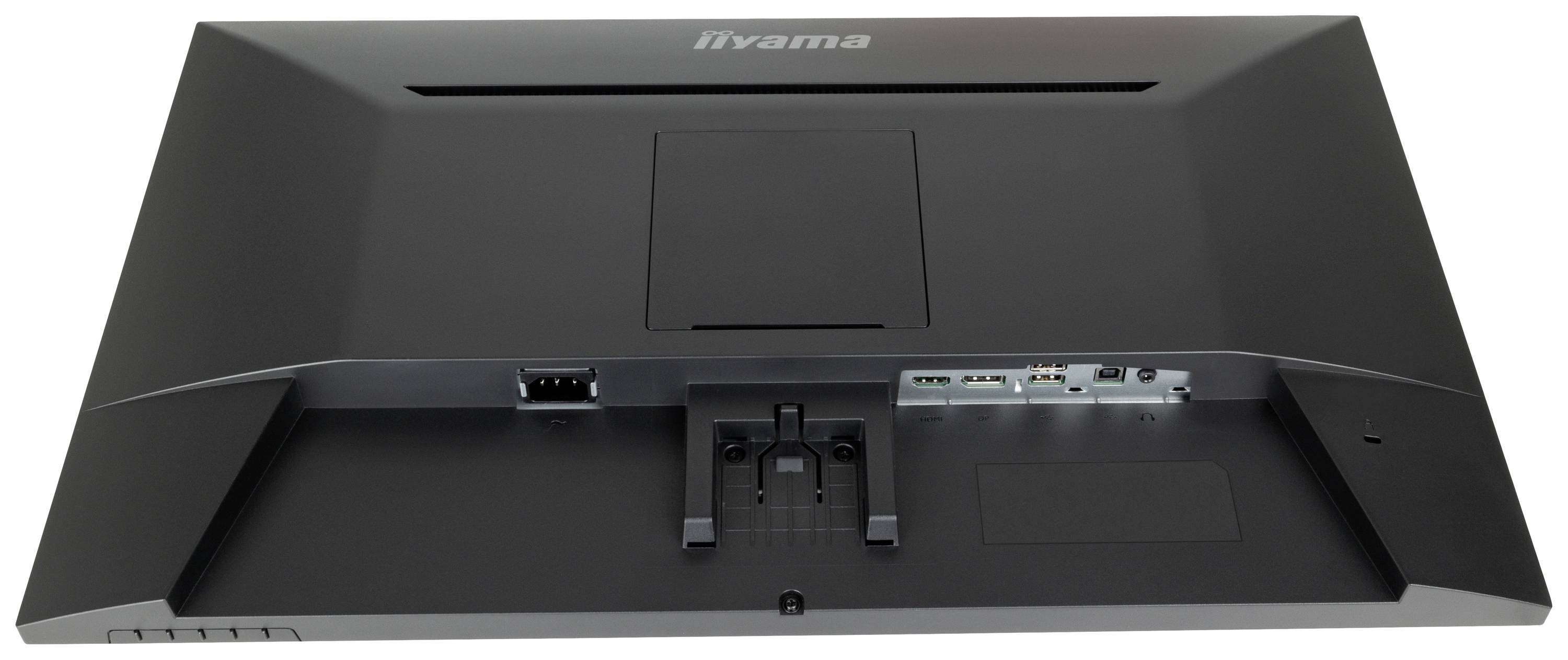 Rückansicht eines schwarzen Monitors mit Anschlussmöglichkeiten, einschließlich HDMI- und DisplayPort-Anschlüssen.