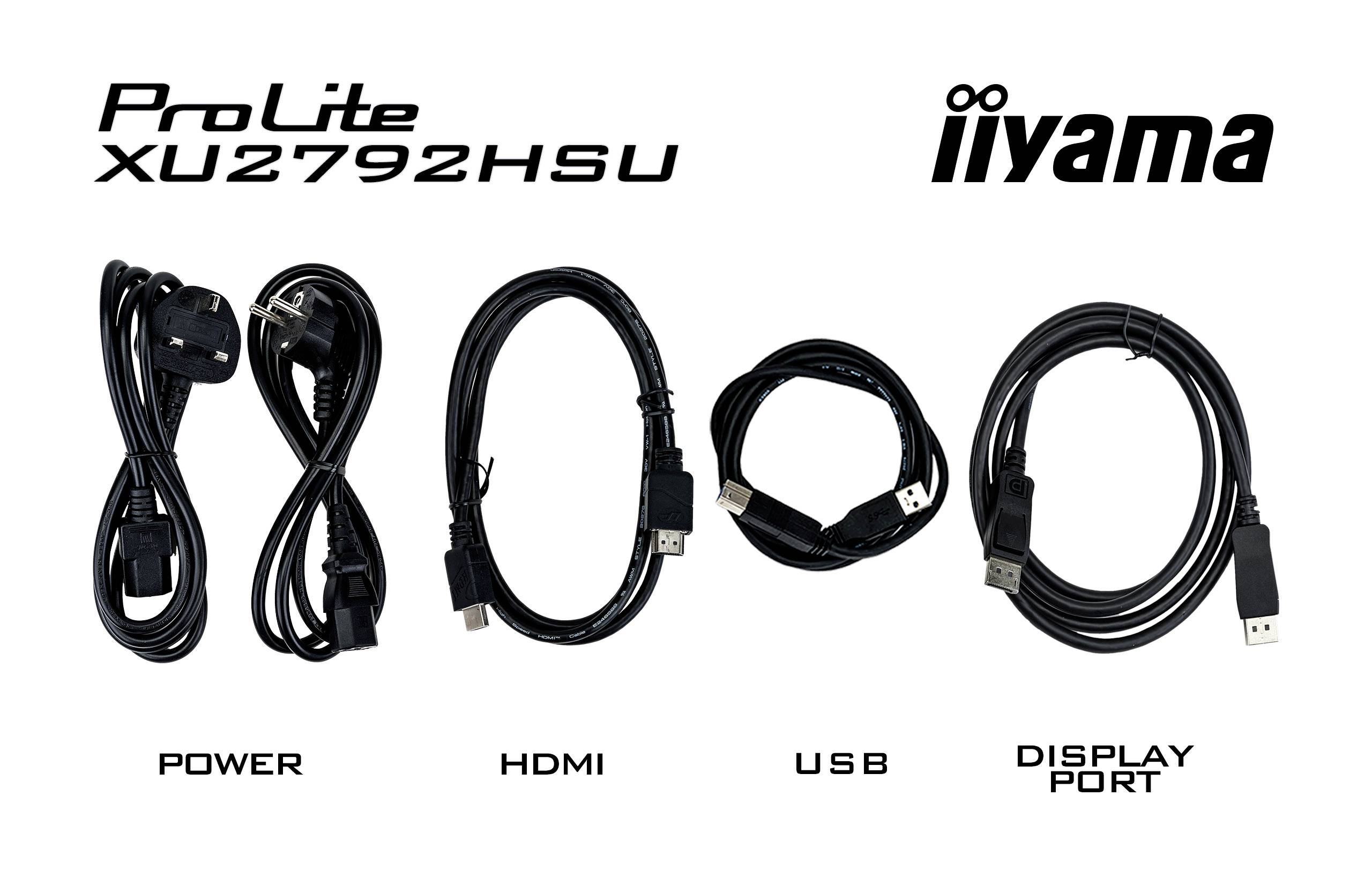 'Fünf Kabel sind von links nach rechts nebeneinander angeordnet: Power, HDMI, USB und DisplayPort. Oberhalb ist der Text ProLite XU2792HSU und das iiyama-Logo.'