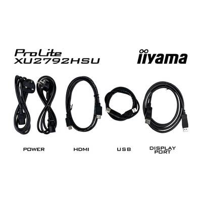 'Fünf Kabel sind von links nach rechts nebeneinander angeordnet: Power, HDMI, USB und DisplayPort. Oberhalb ist der Text ProLite XU2792HSU und das iiyama-Logo.'