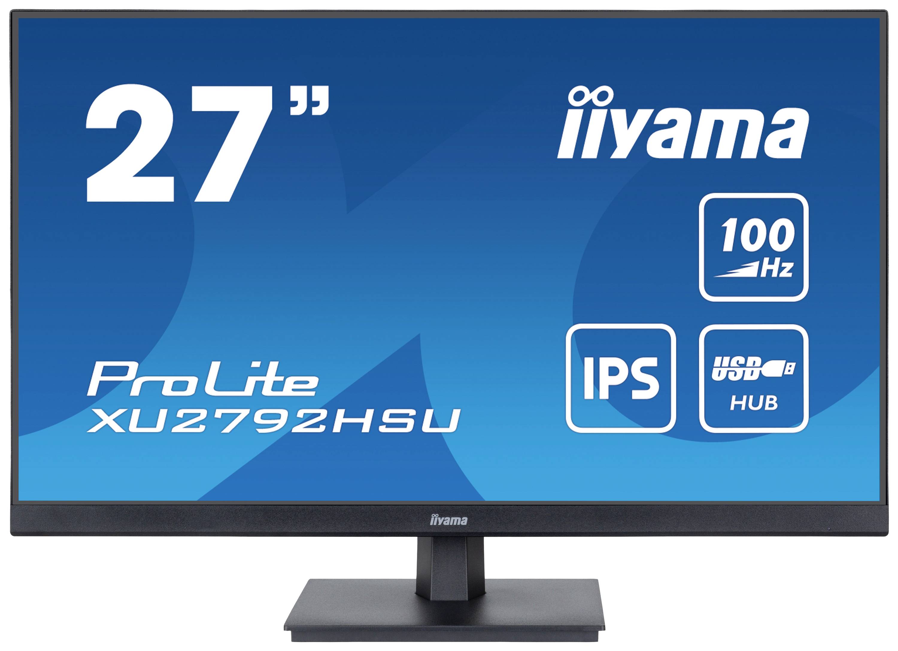 27-Zoll-Monitor von iiyama, Modell ProLite XU2792HSU, zeigt 100 Hz, IPS-Technologie und USB-Hub-Symbol auf dem Bildschirm.