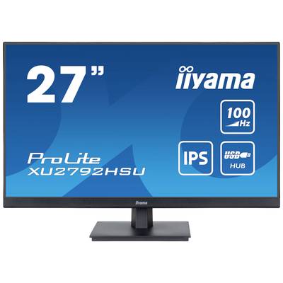 27-Zoll-Monitor von iiyama, Modell ProLite XU2792HSU, zeigt 100 Hz, IPS-Technologie und USB-Hub-Symbol auf dem Bildschirm.