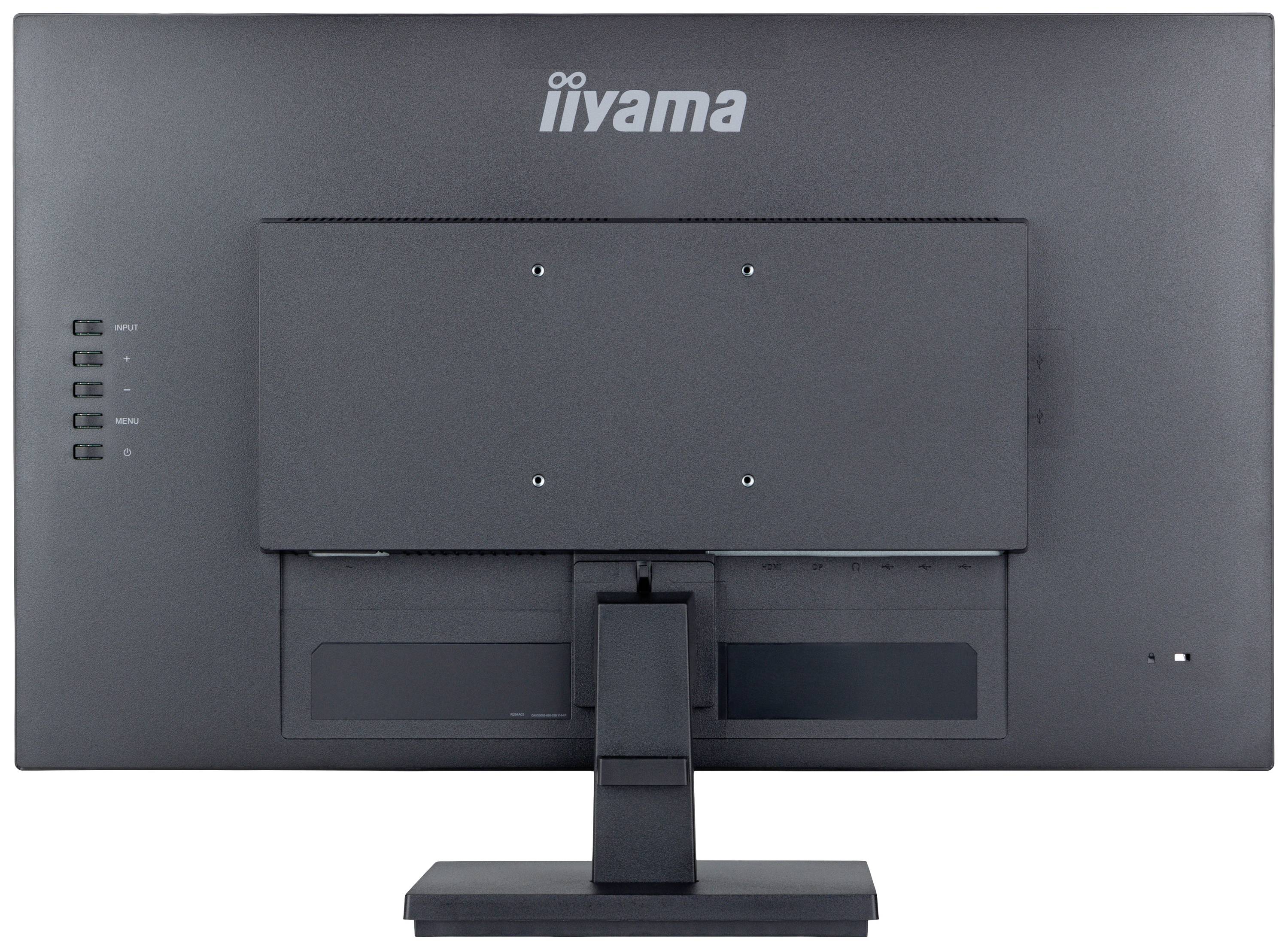 Rückansicht eines schwarzen Computermonitors auf einem Standfuß mit sichtbarem Markenlogo oben.