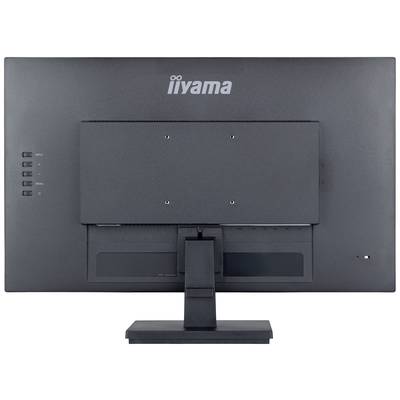 Rückansicht eines schwarzen Computermonitors auf einem Standfuß mit sichtbarem Markenlogo oben.