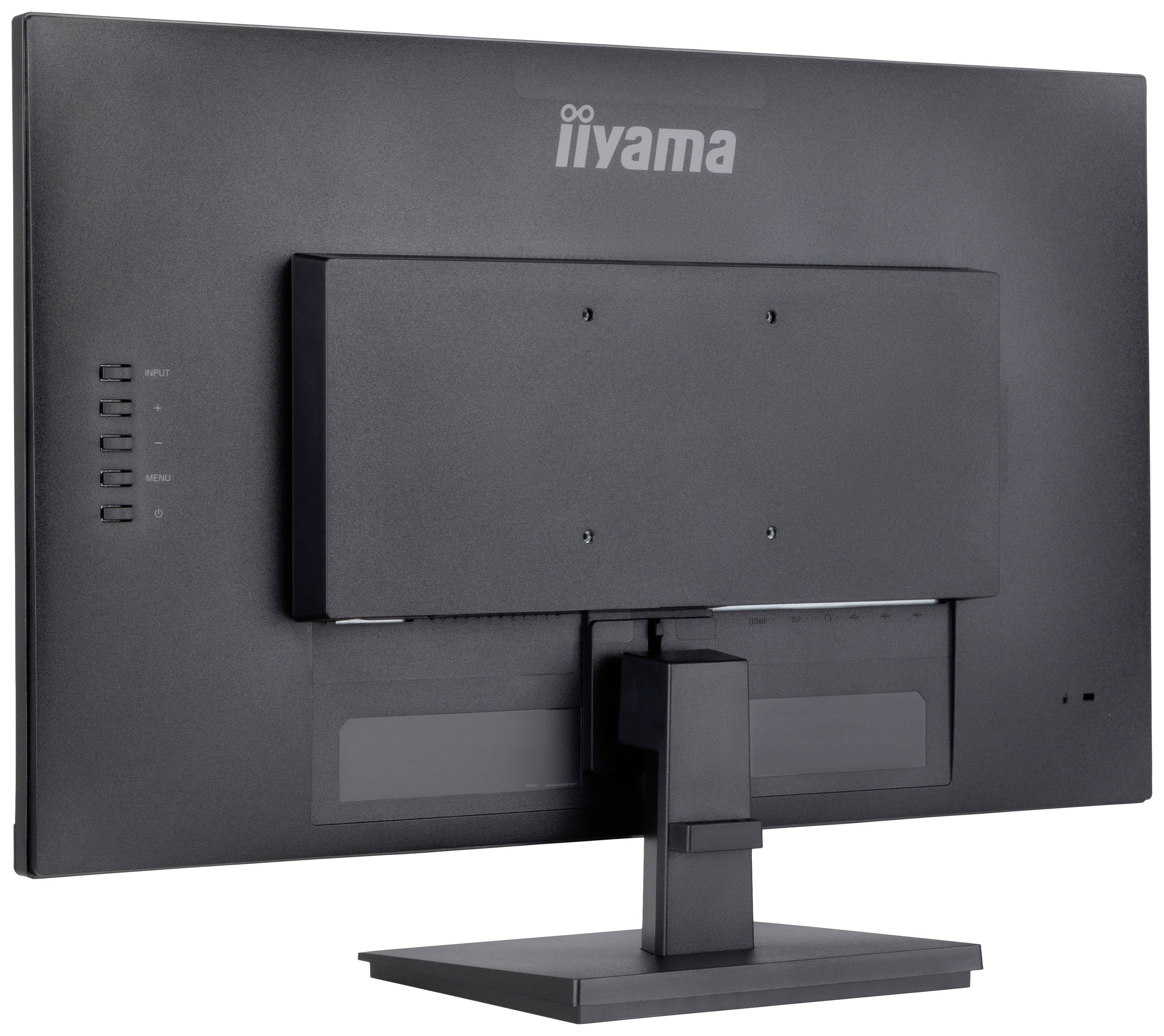 Ein schwarzer Computermonitor von hinten, Modell iiyama, mit einem rechteckigen Standfuß. Links befinden sich einige Bedienungstasten.
