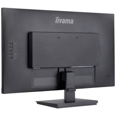 Ein schwarzer Computermonitor von hinten, Modell iiyama, mit einem rechteckigen Standfuß. Links befinden sich einige Bedienungstasten.