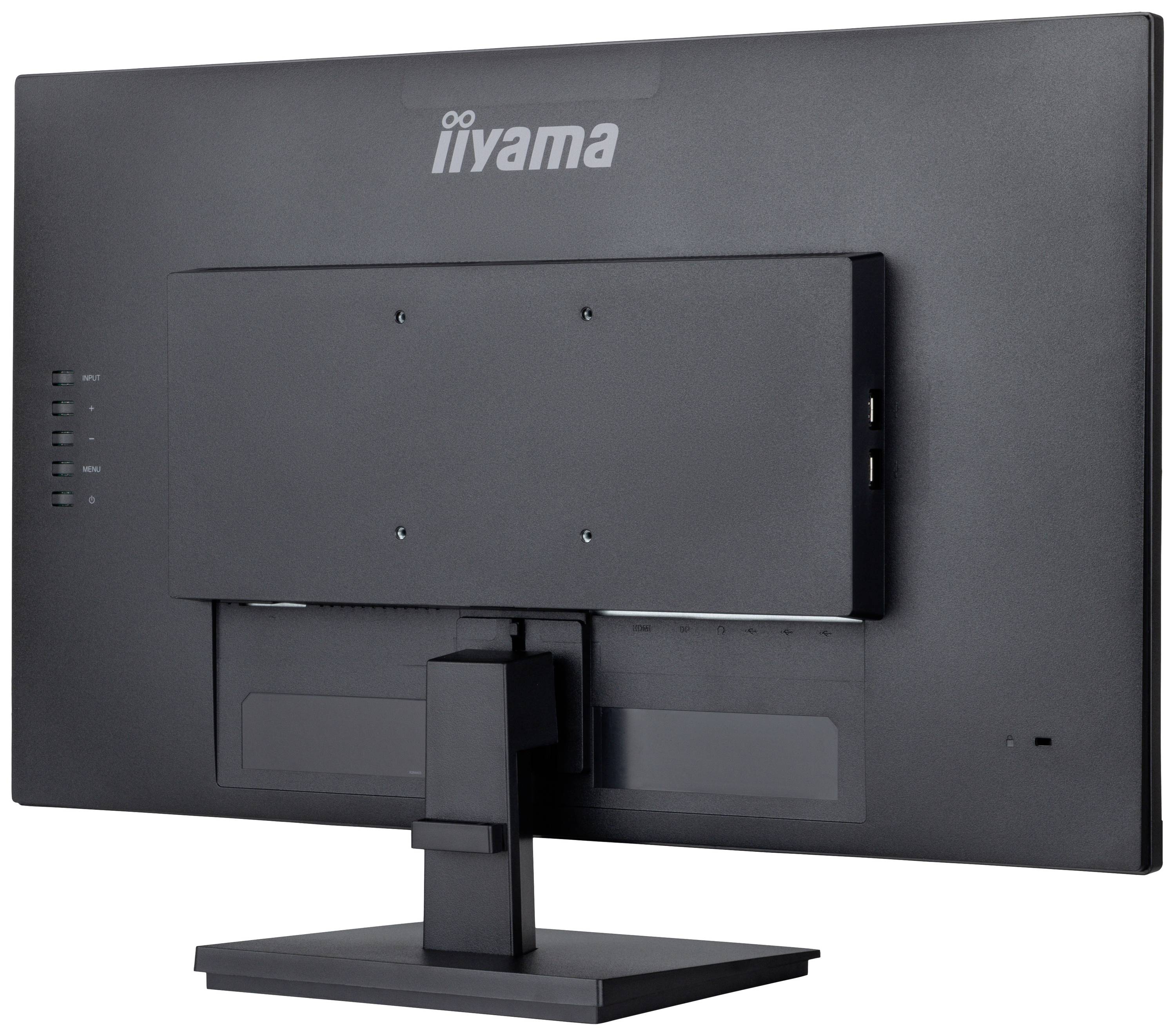 Ein Computerbildschirm der Marke iiyama von hinten, mit rechteckigem Standfuß und mehreren Anschlüssen an der Seite.