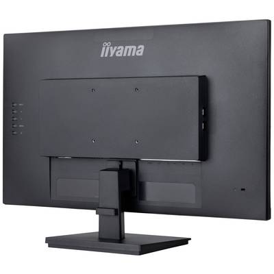 Ein Computerbildschirm der Marke iiyama von hinten, mit rechteckigem Standfuß und mehreren Anschlüssen an der Seite.