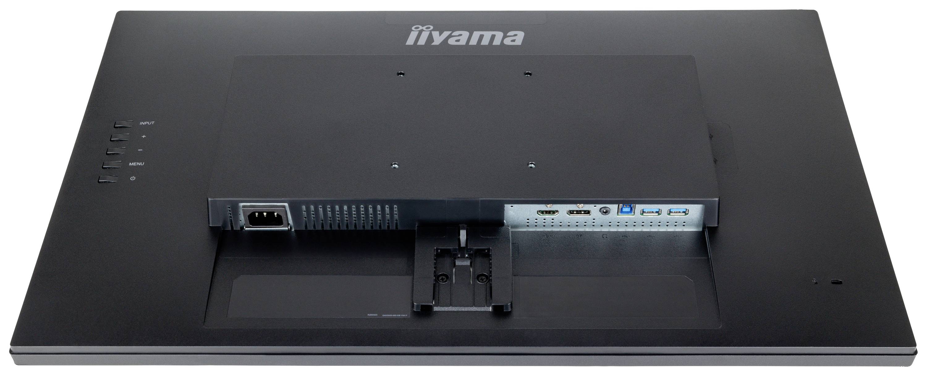 Rückansicht eines Monitors, zeigt verschiedene Anschlüsse wie HDMI und USB sowie einen Netzanschluss, Monitor auf schwarzem Hintergrund.