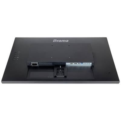 Rückansicht eines Monitors, zeigt verschiedene Anschlüsse wie HDMI und USB sowie einen Netzanschluss, Monitor auf schwarzem Hintergrund.