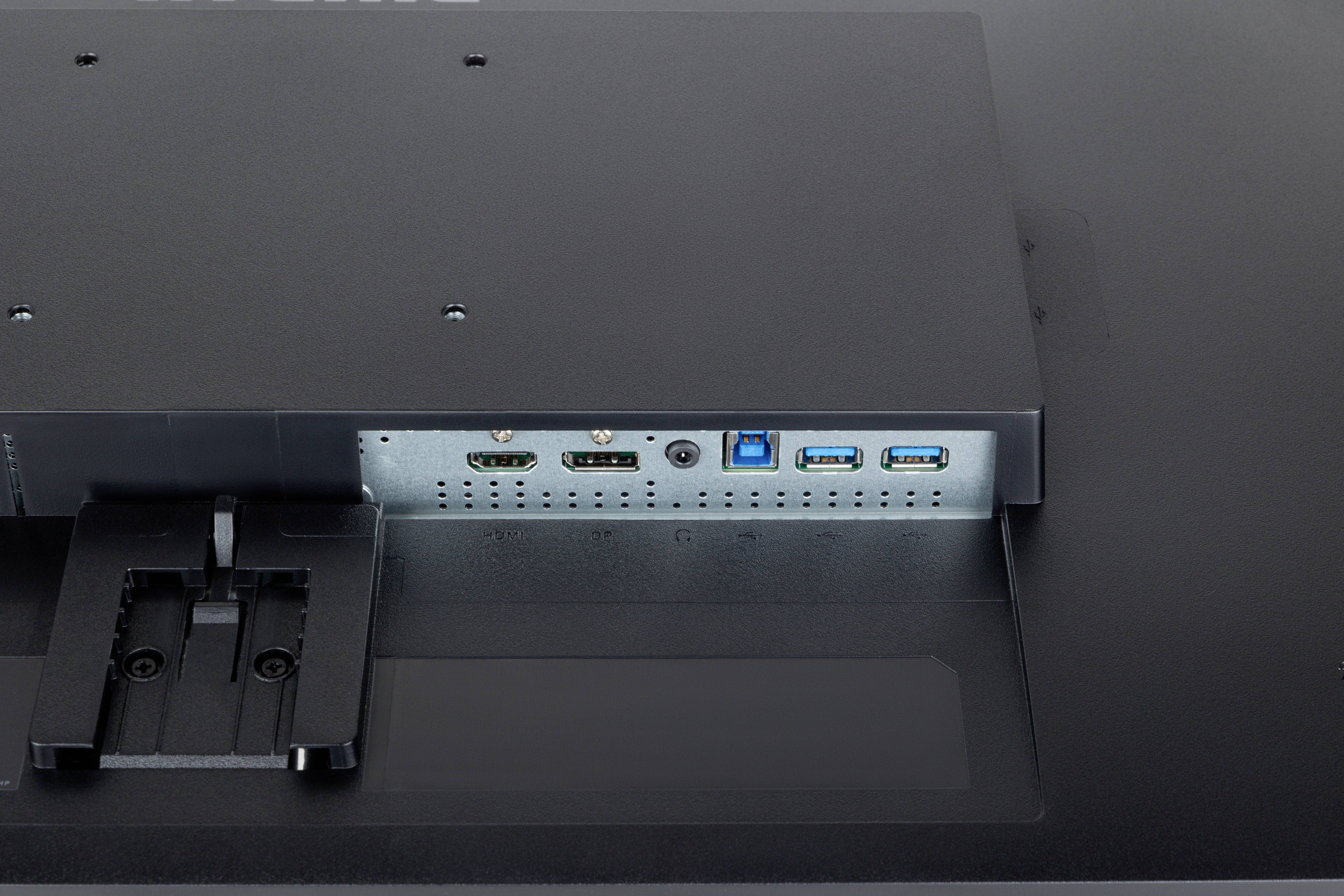 Rückseite eines Monitors mit sichtbaren Anschlüssen: HDMI, USB, und Audioanschlüsse sind erkennbar.