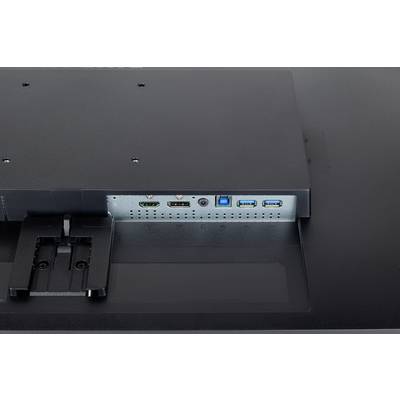 Rückseite eines Monitors mit sichtbaren Anschlüssen: HDMI, USB, und Audioanschlüsse sind erkennbar.
