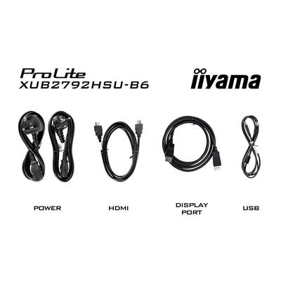 'ProLite XUB2792HSU-B6' Monitor mit Zubehör: Stromkabel, HDMI-Kabel, DisplayPort-Kabel, USB-Kabel. Hersteller 'iiyama'.