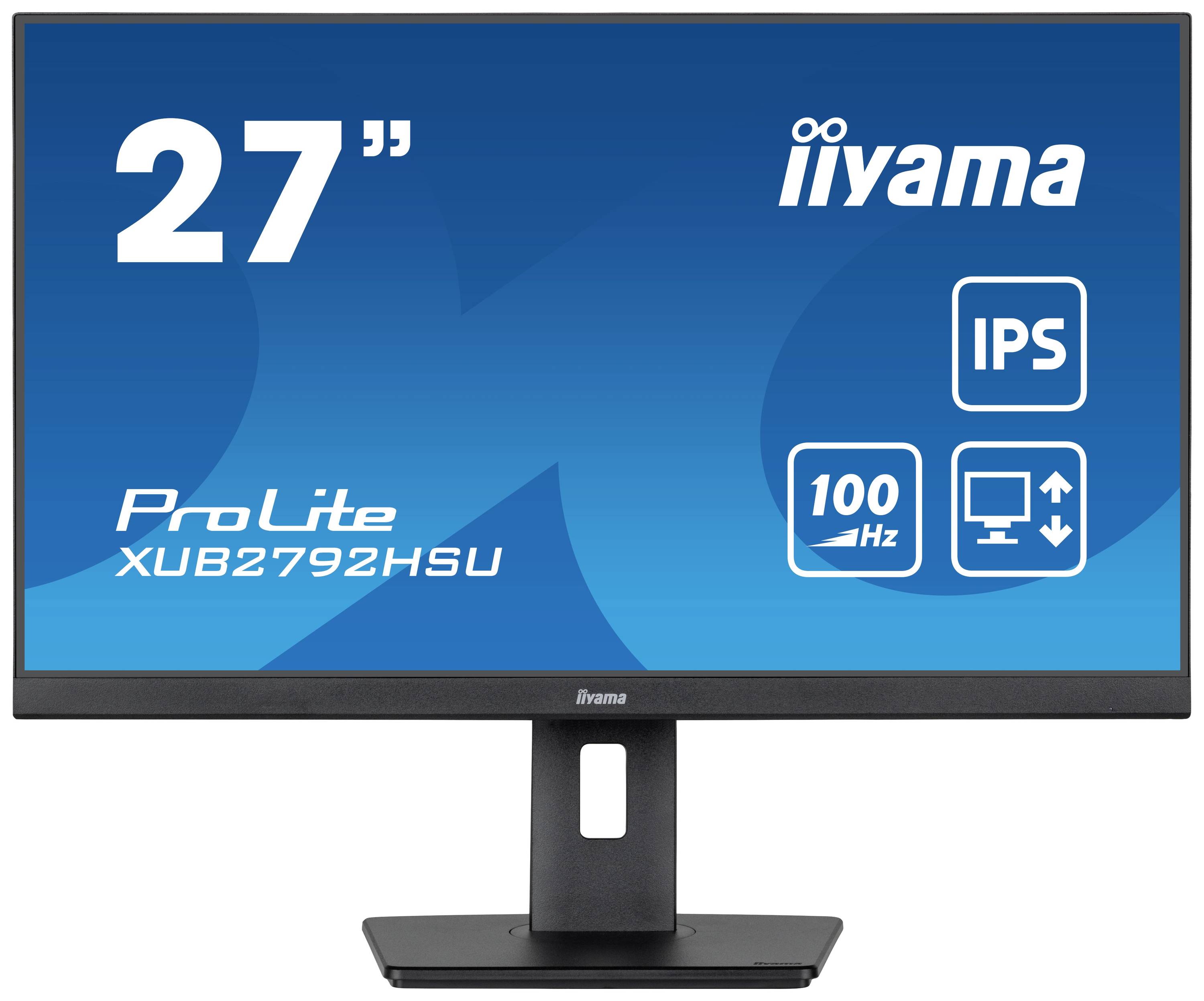 Ein Monitor mit der Aufschrift '27", iiyama, ProLite XUB2792HSU', zeigt Merkmale wie 'IPS' und '100 Hz'.