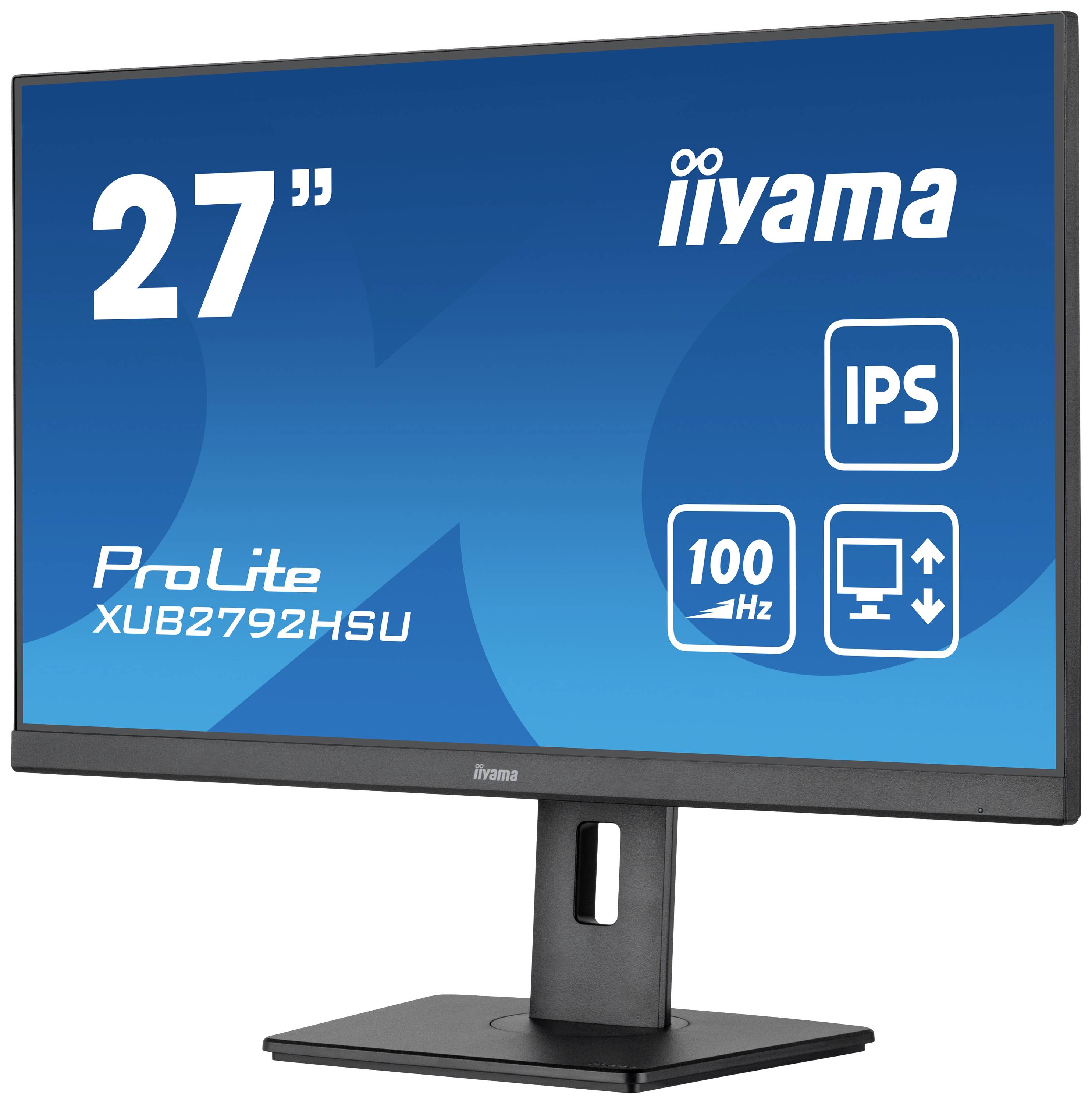 Ein schwarzer Computerbildschirm zeigt das iiyama-Logo und 'ProLite XUB2792HSU', 27-Zoll-Größe, IPS-Technologie und 100 Hz.