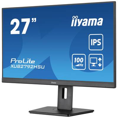 Ein schwarzer Computerbildschirm zeigt das iiyama-Logo und 'ProLite XUB2792HSU', 27-Zoll-Größe, IPS-Technologie und 100 Hz.