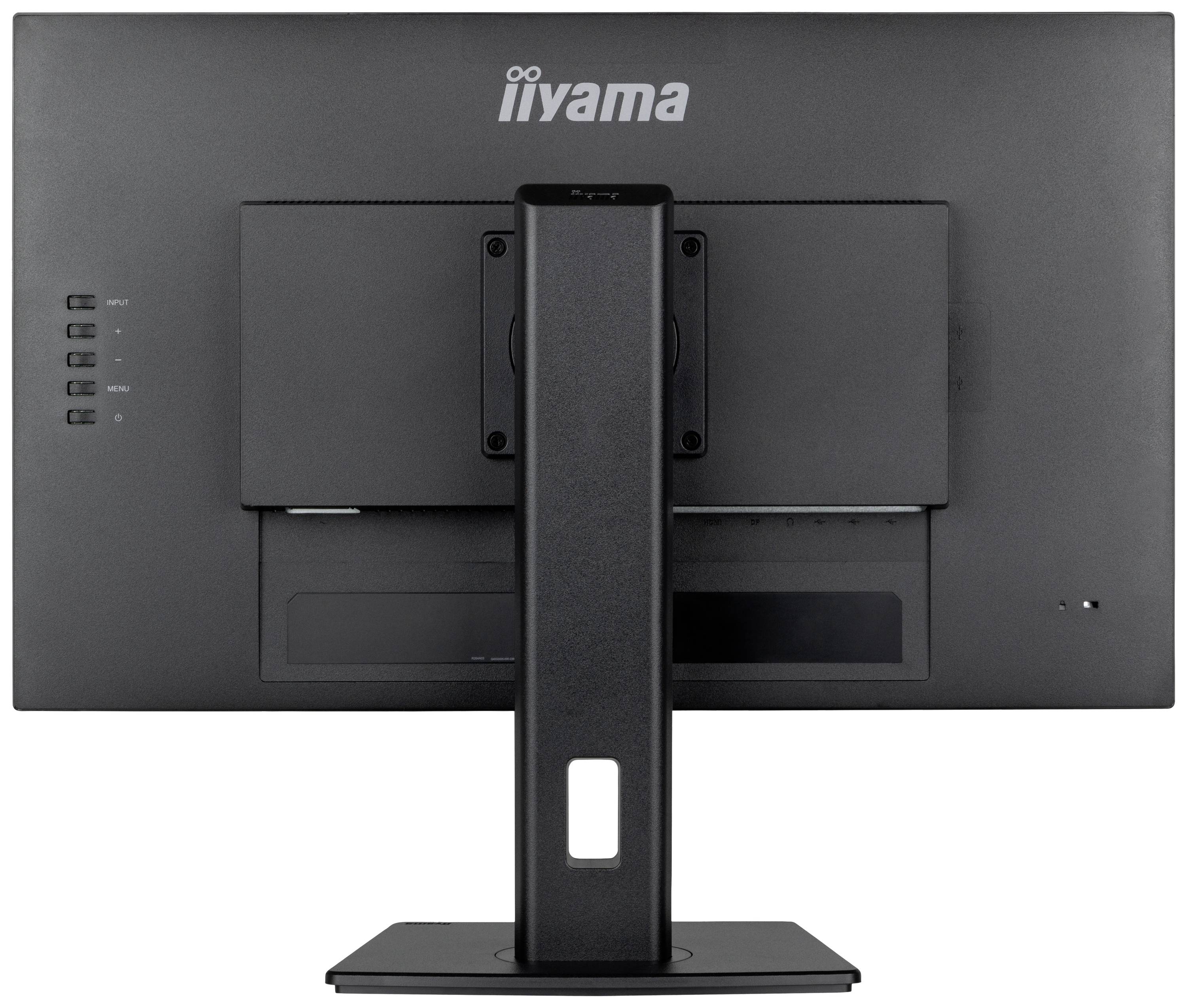 Ein Computermonitor von hinten, zeigt einen stabilen Standfuß und Anschlüsse auf der linken Seite.