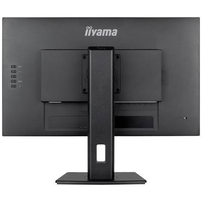 Ein Computermonitor von hinten, zeigt einen stabilen Standfuß und Anschlüsse auf der linken Seite.