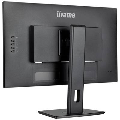 'Rückansicht eines schwarzen Computermonitors auf einem Standfuß, Herstellerlogo oben mittig sichtbar.'