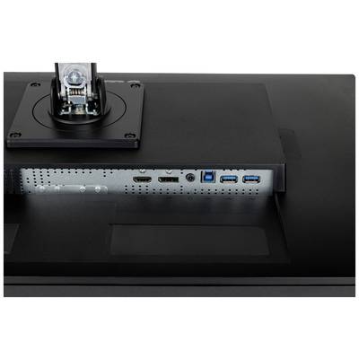 Rückansicht eines Monitors mit verschiedenen Anschlüssen: HDMI, DisplayPort, USB und Audio.