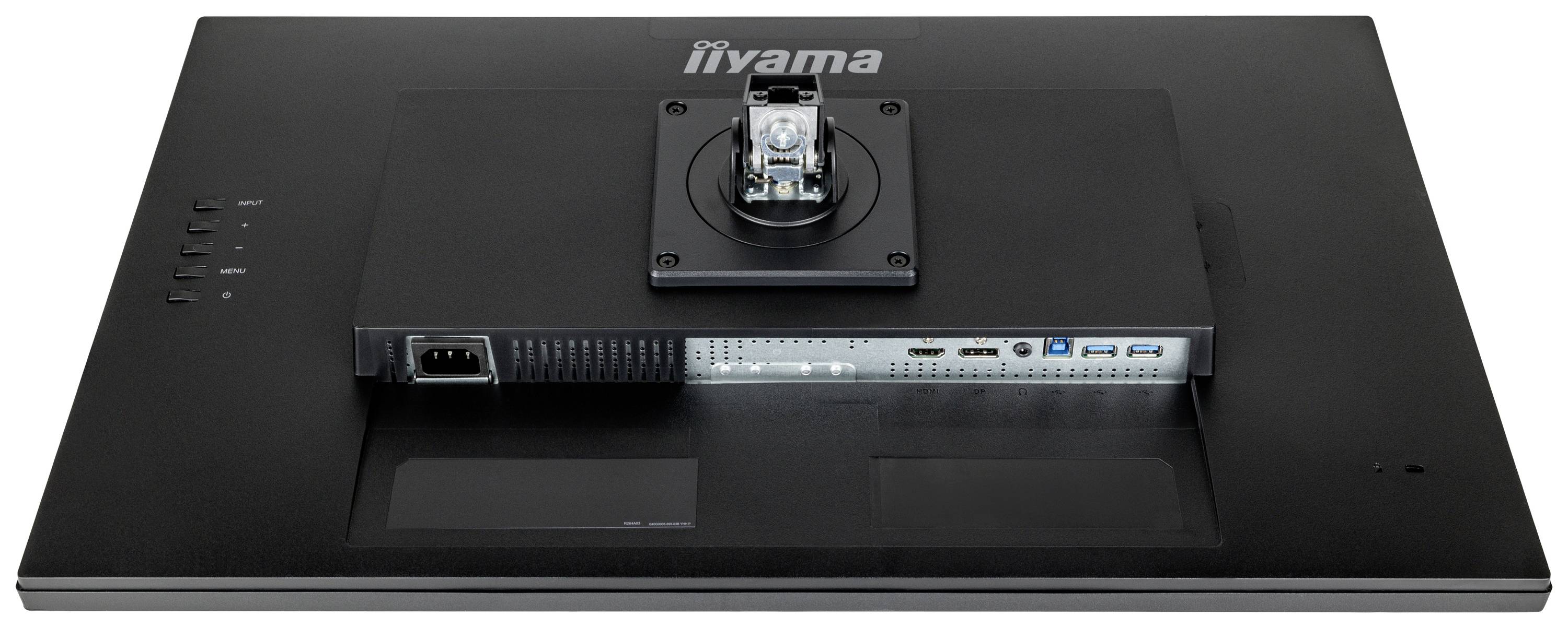 Ein schwarzer Computerbildschirm von hinten. Sichtbar sind Anschlüsse und Stromanschluss. Markenname 'iiyama' oben auf dem Rahmen.