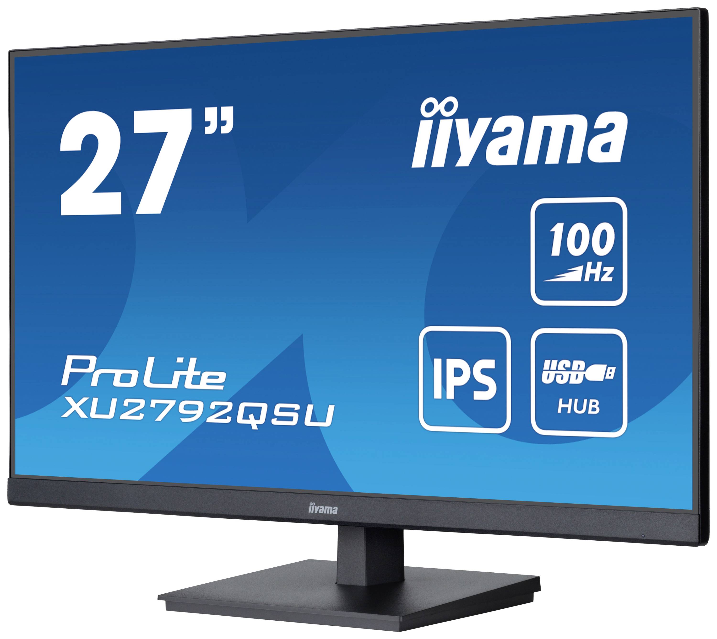 Ein 27-Zoll-Monitor von iiyama, Modell ProLite XU2792QSU, zeigt Features: 100 Hz Bildwiederholrate, IPS-Panel, USB-Hub.