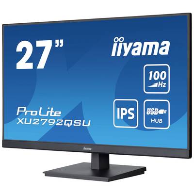 Ein 27-Zoll-Monitor von iiyama, Modell ProLite XU2792QSU, zeigt Features: 100 Hz Bildwiederholrate, IPS-Panel, USB-Hub.