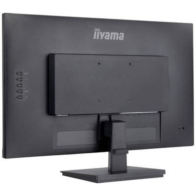 Ein schwarzer Computermonitor von hinten gesehen, auf einem rechteckigen Standfuß montiert. Links sind Anschlussknöpfe sichtbar.