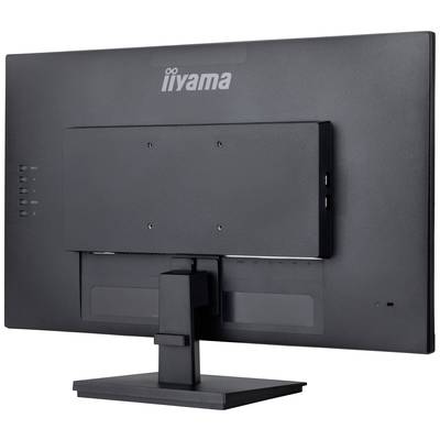 Rückansicht eines schwarzen Computerbildschirms der Marke iiyama, montiert auf einem rechteckigen Standfuß mit mehreren Anschlussmöglichkeiten.