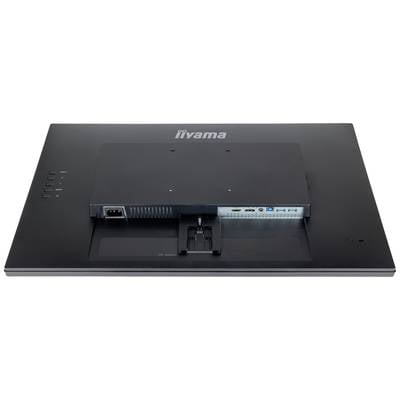 Rückseite eines Monitors mit verschiedenen Anschlüssen: Stromanschluss, HDMI, USB und andere, auf schwarzem Gehäuse.