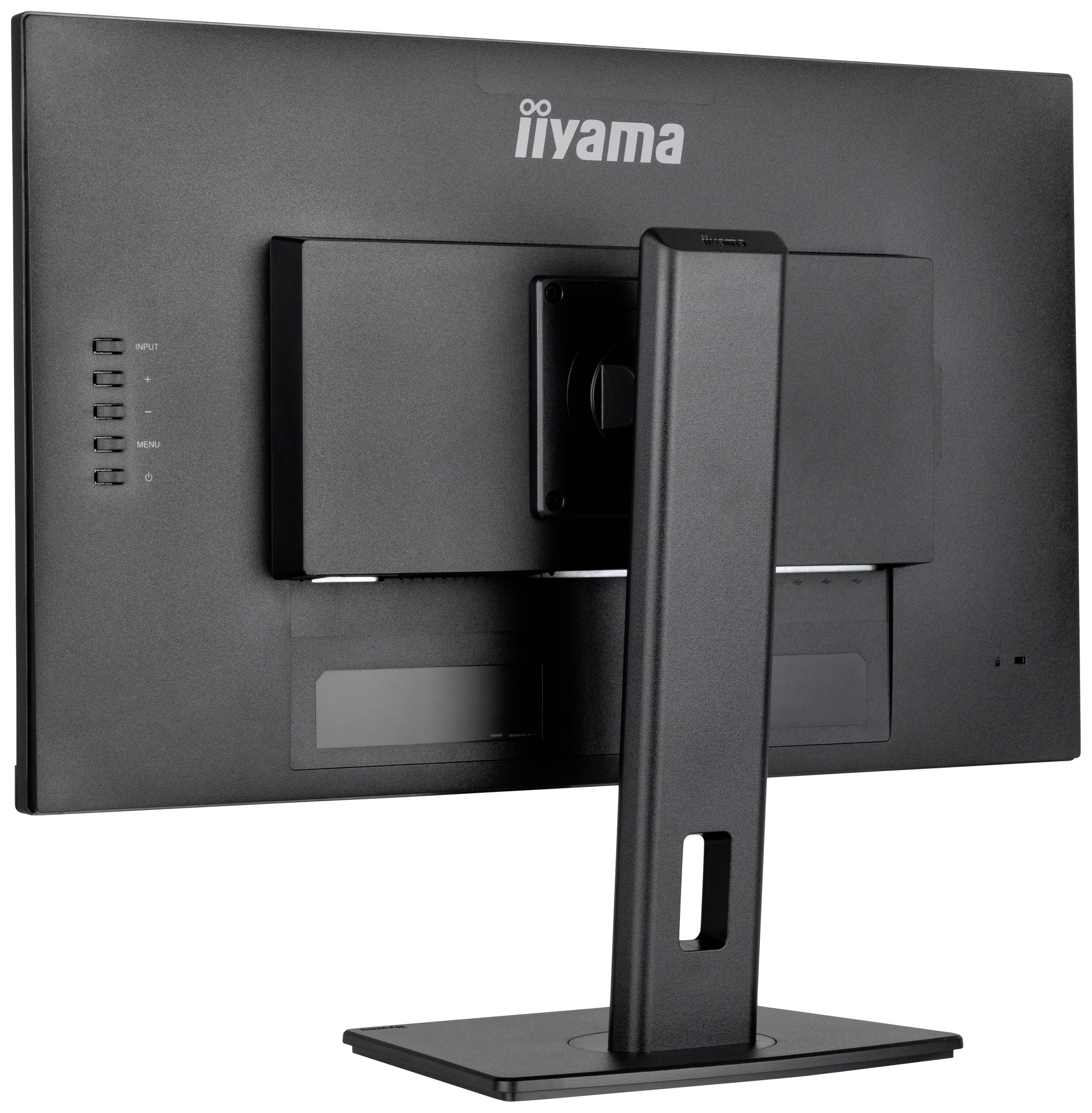 Ein schwarzer Computermonitor der Marke iiyama, Rückansicht, zeigt die Anschlüsse und den stabilen Standfuß.