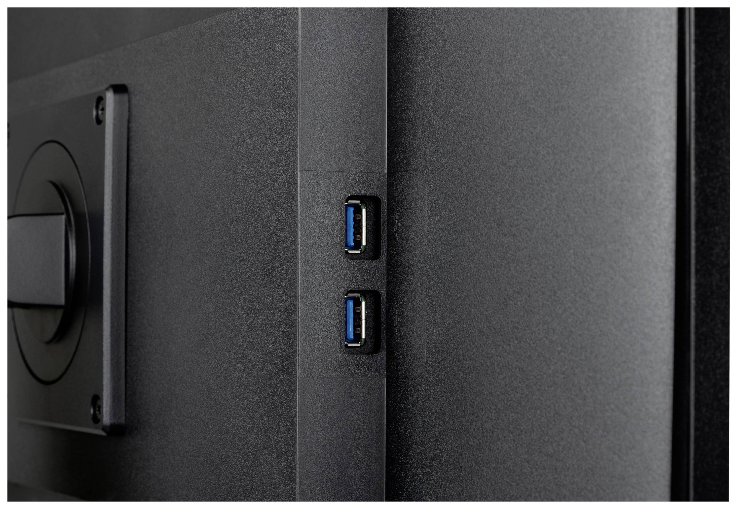 Rückseite eines Monitors mit zwei USB-Anschlüssen nebeneinander.