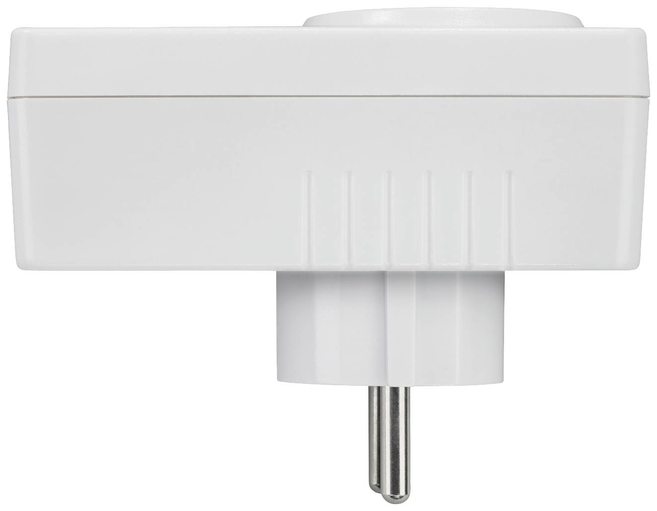 Ein weißer elektrischer Zwischenstecker mit einem einzelnen Stecker, seitlich frontal gezeigt, geeignet für Steckdosen.