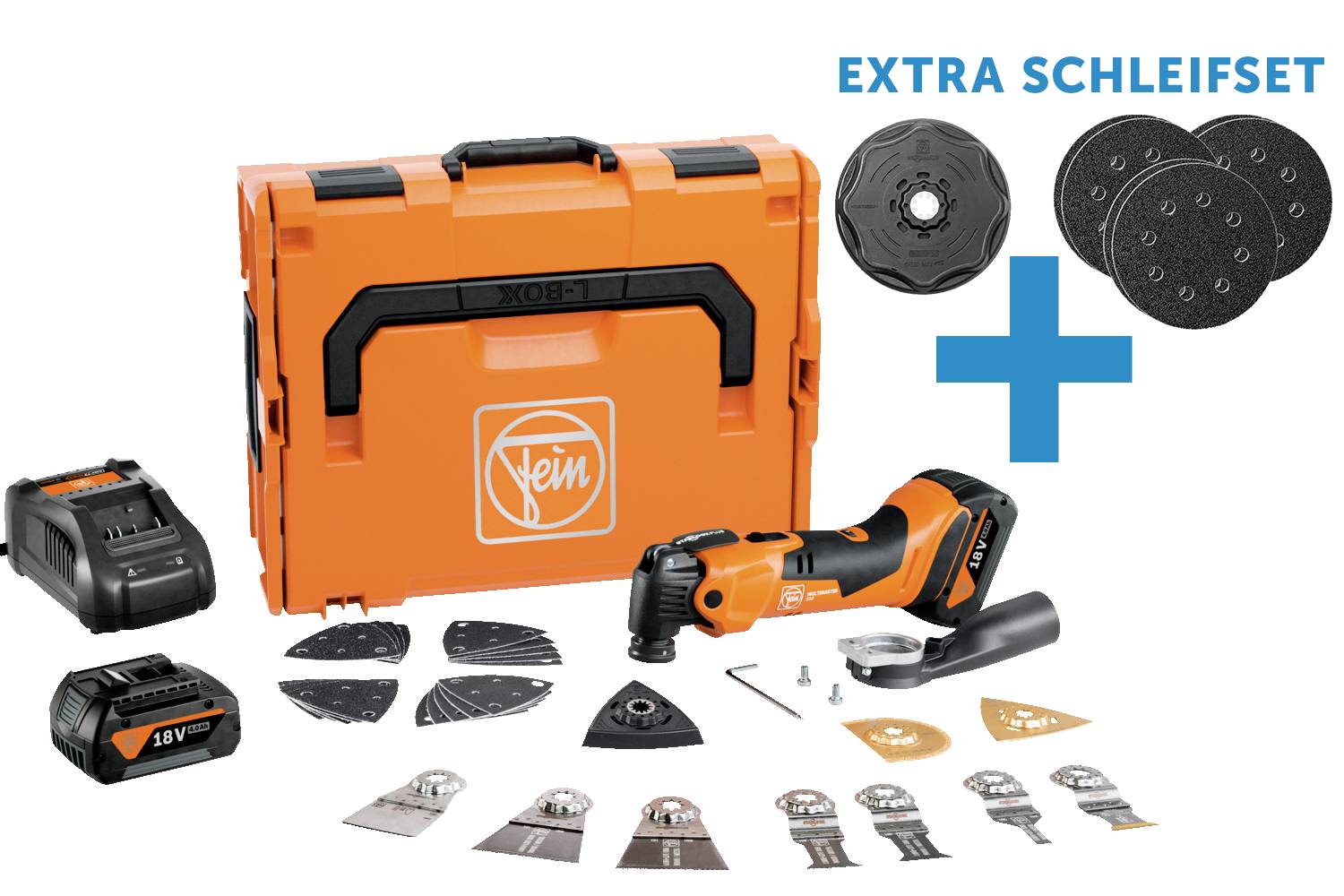 Akkuschleifer-Set mit orangefarbenem Koffer, Ladegerät, Schleifaufsätzen und 'Extra Schleifset'.